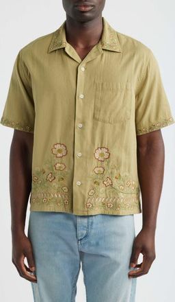 Corridor Augusta Embroidered Short Sleeve Shirt in Olive at Nordstrom, Size Xx-Large