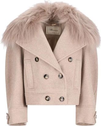 Blumarine Dubbele-breasted jas met imitatiebontkraag - Dames - Mantel - Beige - S - Wol - Jassen