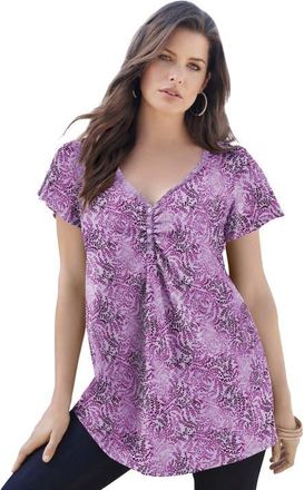 Roaman's Plus Size Cotton Ultimate Flutter Sleeve Sweetheart Tee in Orchid Flowy Leaves at Nordstrom, Size 32
