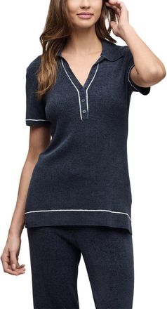 Barefoot Dreams CozyChic Ultra Lite Contrast Stripe Rib Polo in Indigo-Pearl at Nordstrom, Size X-Large
