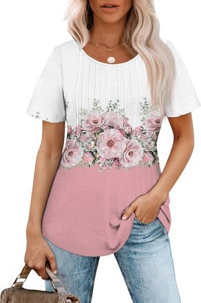 Generic Womens Short Sleeve Tops Ladies Blouses Crew Neck Pleated Shirts Fashion Dressy Tunic Blouses S-3XL