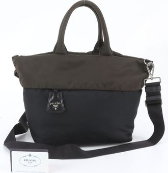 Prada Black Khaki Leather Nylon Shoulder Bag Tote Bag (Pre-Owned)