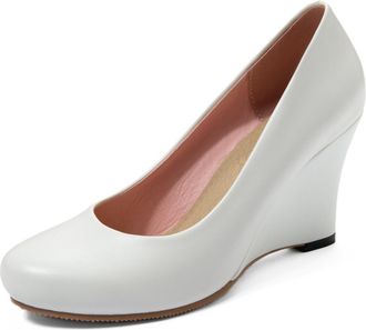 Generic Womens Round Toe Wedge Heel Pumps Slip-On Dress Shoes Soft Lightweight Comfortable Cushioned Insole Non Slip Suitable for Office Evening Party Wear,Wh