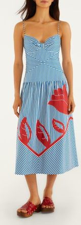 Farm Rio Sky Stripes Floral Embroidered Midi Dress in Blue at Nordstrom, Size Xx-Small