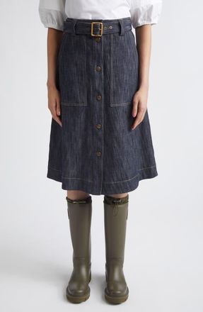 Moncler Belted Denim Midi Skirt in Blue at Nordstrom, Size 10 Us