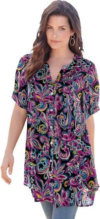 Roaman's Plus Size Angelina Crinkle Crepe Y-Neck Short Sleeve Tunic in Black Paisley at Nordstrom, Size 22