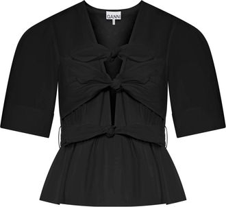Ganni BLACK STRETCH COTTON TIE STRAP BLOUSE - Ganni - Woman