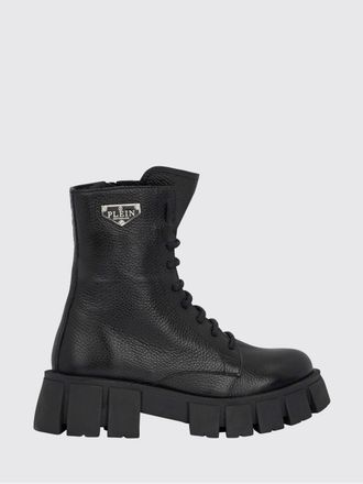Philipp Plein Lace-Up Combat Boots in Grained Leather with Lug Sole and Heel