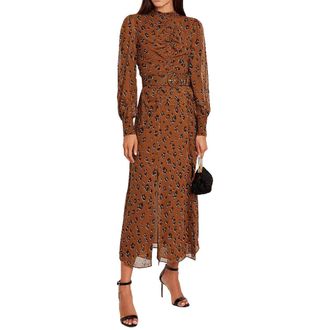 Nicholas Brown Leopard Print Belted Georgette Ruched Dress Size XXS