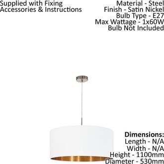 Loops Pendant Light Colour Satin Nickel Shade White Copper Fabric Bulb E27 1x60W