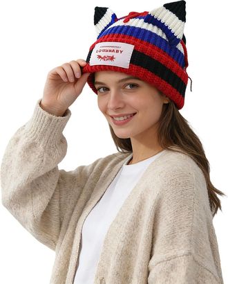 Generic Striped Cat Ear Hat Cute Beanie Hat Knit Cap Warm Skull Cap Crochet Hat for Men and Women