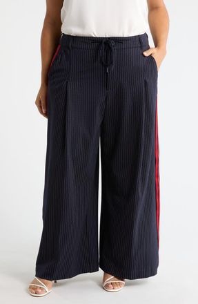 Liverpool Pinstripe Front Pleat Wide Leg Pants in Deep Midnite Stripe at Nordstrom, Size 16W
