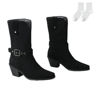 Generic Womens Western Ankle Boots in Suede Look, Fashionable Mid-Calf Boots with Buckle Straps And Comfortable Block Heel, Plus Size Non-Slip Cowboy Boots fo