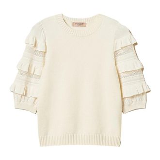 Twinset Maglia Manica Corta Con Rouches E Punto Rete - Dames - Ronde hals truien - Wit - L - Truien & Vesten