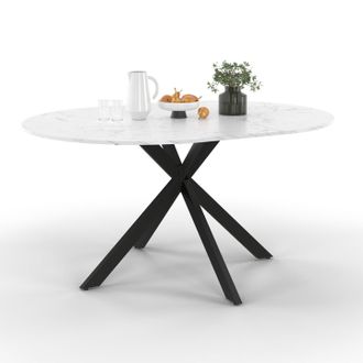 IDMarket Tavolo Da Pranzo Rotondo Allungabile Alix Per 4-8 Persone, Con Gambe A Ragnatela Nere E Piano Effetto Marmo Bianco Alaska 110-15