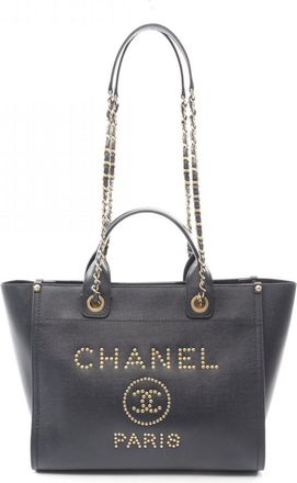 Chanel Navy Leather Handbag Tote Bag (Pre-Owned)