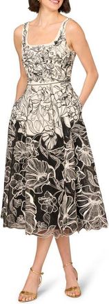 Adrianna Papell Embroidered Organza Midi Dress in Ivory/Black at Nordstrom, Size 12