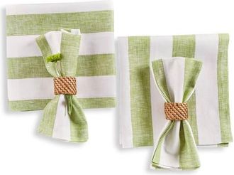 Solino Home Linen Dinner Napkins Set of 4, 20 x 20 Inch for Dining Table, Holiday and Everyday Table Decor - Cabana Stripe in Green And White at