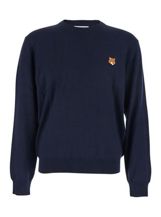 Maison Kitsuné Blue Crew Neck Sweater With Fox Patch On The Front In Wool Man