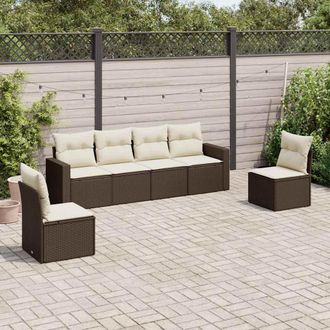 vidaXL Set Sof&aacute;s De Jard&iacute;n 6 Piezas Y Cojines Rat&aacute;n Sint&eacute;tico Marr&oacute;n Vidaxl