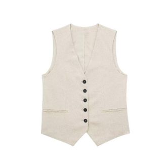 Generic Linen Waistcoats For Woman Casual Waistcoat Women V Neck Button Down Blazer Waistcoat Retro Summer Top Casual Loose Fit Lightweight Basic Sleeveless S