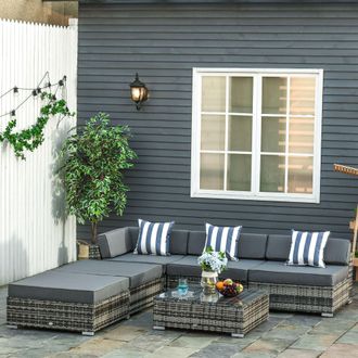 OUTSUNNY 6 Pieces Rattan Furniture Set Conservatory Sofa Deluxe Wicker Garden in Grey