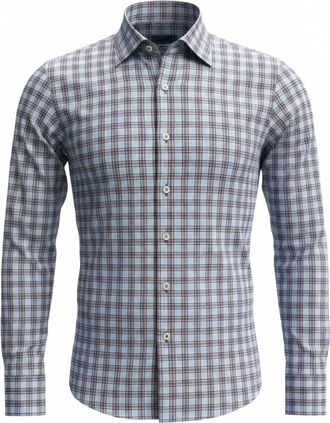 David Donahue Mens Long Sleeve Button Down In Blue, Purple And Brown Plaid