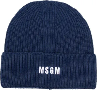 Msgm logo-embroidered ribbed-knit beanie - men - Merino/Acrylic - One Size - Blue