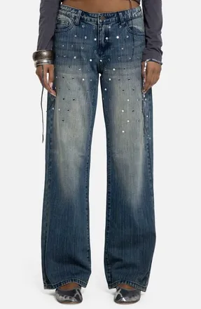Jaded London Hunter Mirror Embellished Low Rise Wide Leg Jeans in Blue at Nordstrom, Size 26