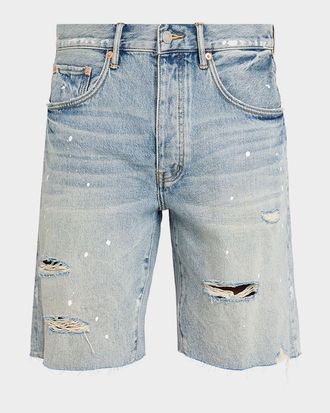 Purple Men & apos;s Painterly Distressed Denim Shorts