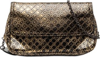 Bottega Veneta Pre-owned Womens Metallic Calfskin Intrecciomirage Chain Flap Crossbody - Black Leather - One Size