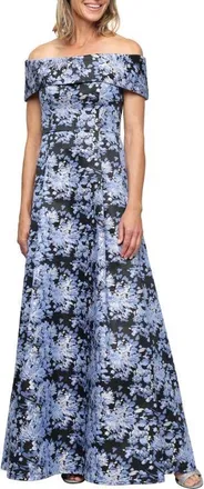 Alex Evenings Floral Jacquard Off the Shoulder Gown in Black/cornflower at Nordstrom, Size 6
