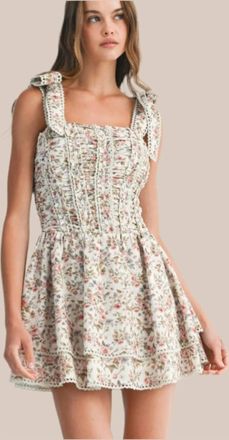 Mabel the Belt Flirty Floral Ruched Mini Dress In White