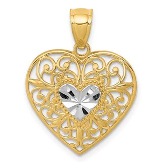 Diamond2Deal 14k Yellow Gold and White Rhodium Diamond-cut Filigree Heart Pendant