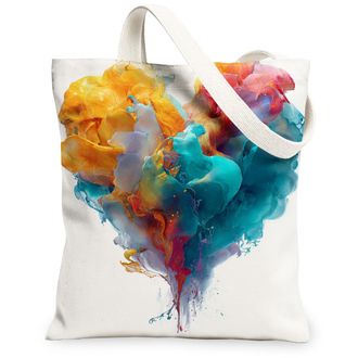 Generic Artistic Heart Canvas Tote Bags, Colorful Fluid Design Reusable Grocery Bags, Stylish Lightweight Washable Shoulder Strap C, White, 13x15 Inch