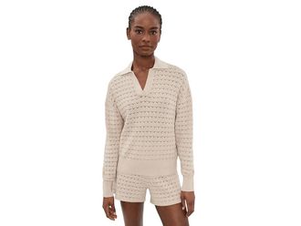Barefoot Dreams Heathered Cotton Tulip Pointel Collared Pullover Womens Sweater Heathered Stone : MD (US 10-12)