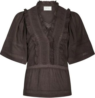 Neo Noir Bruine Voile Top met Lintdetails - Dames - Blouses - Bruin - M - Katoen - Overhemden