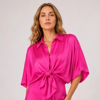 Lavender Brown Adele Tie Front Top Shrug In Bright Peony Pink
