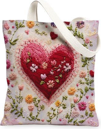 Generic Heart Floral Canvas Tote Bags, Vintage Flower Pattern Reusable Grocery Bags, Lightweight Washable Shoulder Strap Canvas for Travel, Beach, Outdoor 13x