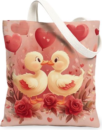 Generic Valentines Day Elephant Canvas Tote Bag for Shopping 13x15, Kid Fun Cute Animal Couple Reusable Grocery Print Bag for Women, Lover Beach Aesthetic Pai