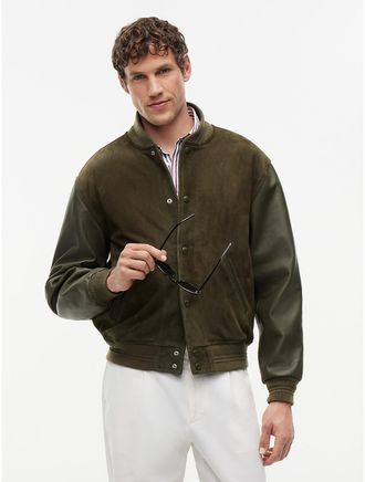 Tommy Hilfiger Mens Leather and Suede Varsity Jacket - Platinum Olive - XL