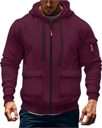 Generic MenS Hoodies Zip Up Long Sleeve Casual Pullover Fleece Sweatshirts Gym Sports Outfits Hoody Zipped Jumper Tops Sweaters With Kangaroo Pockets Wine Xl