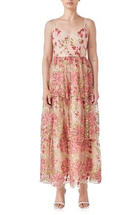 endless rose Floral Embroidered Tiered Maxi Dress in Pink at Nordstrom, Size Small