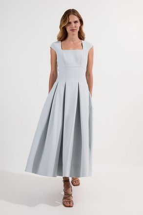 Karen Millen Womens Compact Stretch Tailored Square Neck Full Skirted Midi Dress - Pale Blue - Size 10 UK