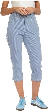 2-Biz Blauw Gestreepte Capri Broek met Hoge Taille - Dames - Vrijetijds broeken - Blauw - XL - Katoen - Broeken