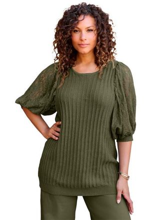Roaman's Lace Sleeve Sweater in Dark Olive Green at Nordstrom, Size 28