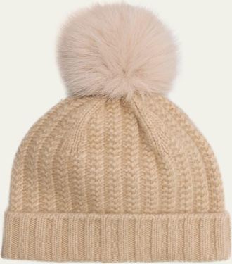 Sofiacashmere Braided Knit Cashmere Beanie With Faux Fur Pom