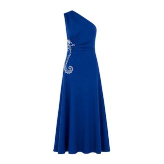 Farm Rio Maxi jurk met &eacute;&eacute;n schouder en zeemeerminborduurwerk - Dames - Casual kleedjes - Blauw - M - Polyester - Kleedjes