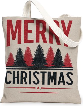 Generic Christmas Tree Canvas Tote Bags, Rustic Forest Design Lightweight Reusable Bags, Merry Seasonal Eco-Friendly Canvas for Tra, Beige, 13x15 Inch