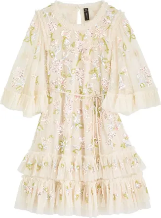 Needle & Thread Gloss Floral-embellished Tulle Mini Dress - Cream - 10 (UK14 / L)